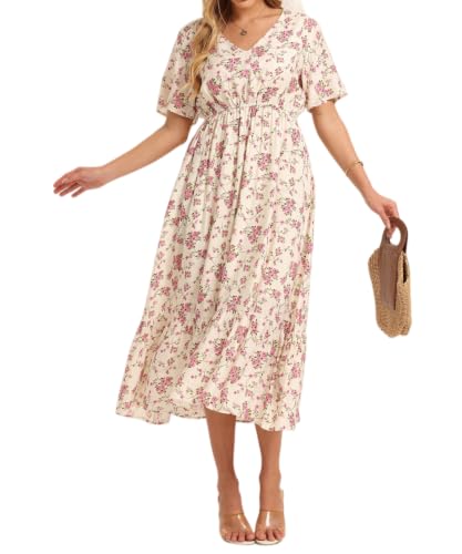 Image of Women's Summer Short Sleeve Maxi Floral Flowy Dresses with Pockets