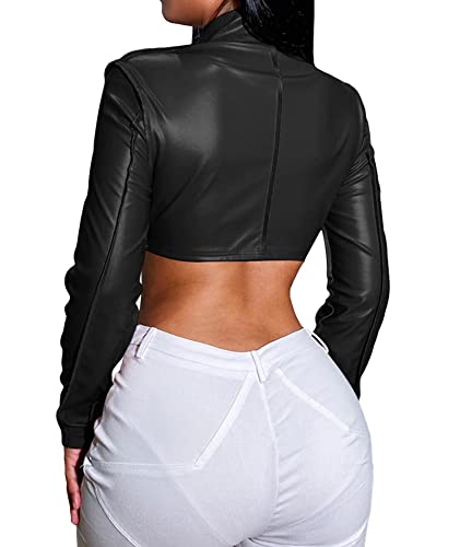 SEMATOMALA Women's PU Faxu Leather Mock Neck Cropped Jacket Long Sleeve Zip Up Bolero Coat Y2K Shirt Crop Tops3