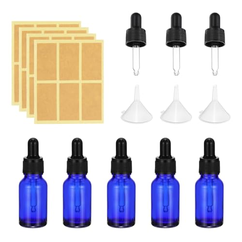 PATIKIL 15ml Glass Dropper Bottle, 5Pcs Leakproof Essential Oils Sample Liquid Perfume Container with Eye Dropper Labels Funnel for Storage Home Travel, Blue