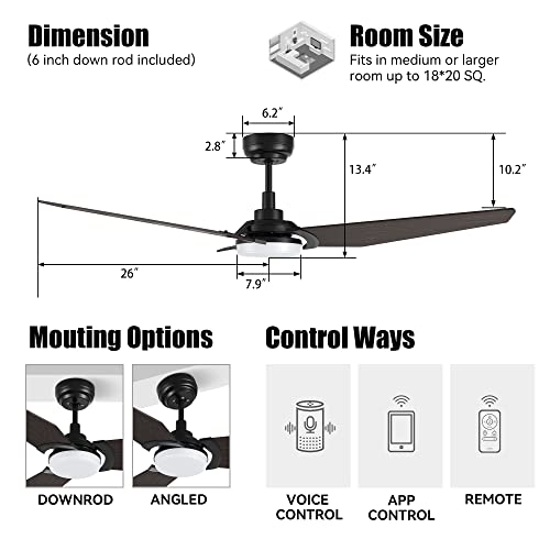 52 Inch Smart Ceiling Fan With Light, 3 Blade Low Profile Ceiling Fan With Light And 10 Speed Dc Motor, Works With App/Alexa/Google Assistant/Siri Shortcuts (Dark Walnut Wood) #TOP2