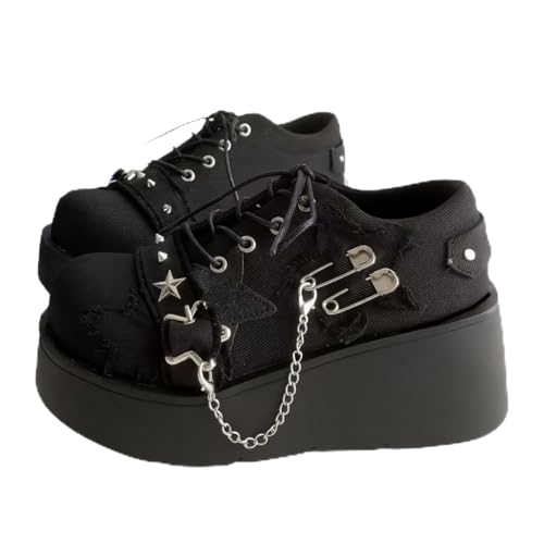 Women's Denim Low Top Wedge Gothic Ankle Boots Fashion Chain Round Toe Lace Up Platform Ankle Boots Rave Party Prom Punk Boots