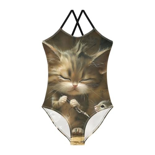 Cat Mouse Girls 1 Piece Swimsuit, Spaghetti Straps Kid Swimsuit, Cross Back Design, Ages 3T