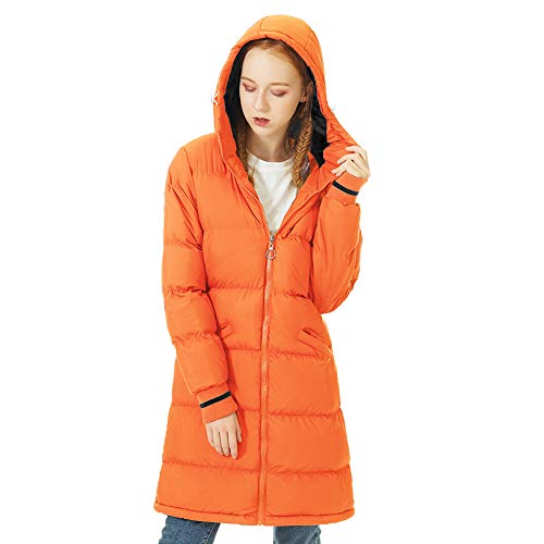 SUNDAY ROSE Women's Winter Puffer Coat Long Lightweight Down Puffer Jackets with Hood-Bright Orange,Medium