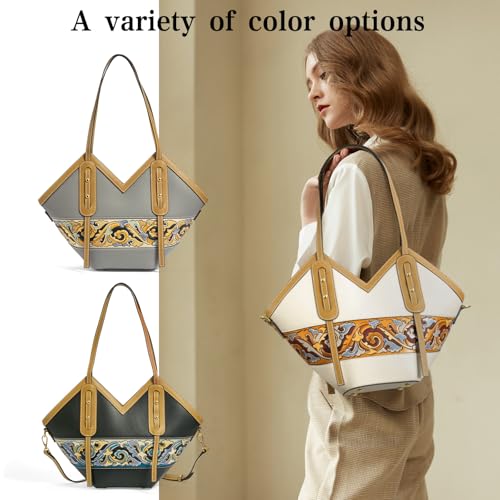 Image of Women's Leather Tote Bag & Large Capacity Hand-Carved Cloud Design, Full-Grain Cowhide