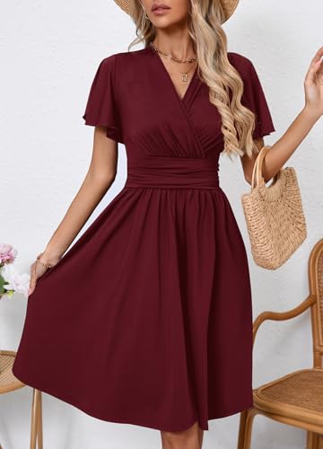 Image of Women's Casual Summer Dress V Neck Short Sleeve Flowy Stretchy Comfort Fit for Daily Wear Work Midi Dresses
