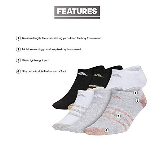 adidas Kids-Girl's Superlite No Show Socks (6-Pair), Cool Light Heather/White/Black Shiny Nylon , L