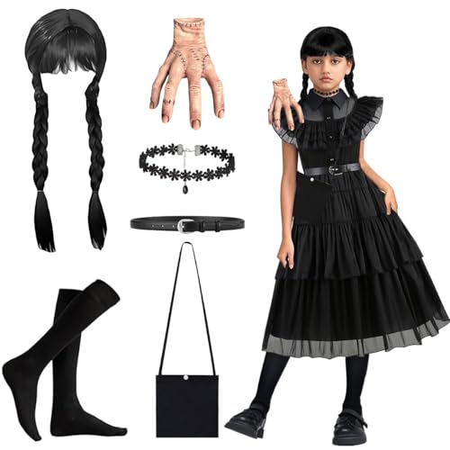 Disfraz Miércoles Niñas, Vestido Miercoles Niña, Miércoles Trajes con Cinturón, Calcetines Largos, Collar, Peluca, Bolsa y Mano Juguetes, Disfraz Vestido Mujer para Cosplay Halloween Carnaval (120)