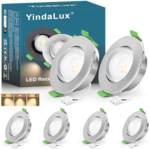 YindaLux 6x Foco empotrable LED 230V 5W 550LM 45° Orientable IP44 Spot de techo 2700K Luz cálida Spot LED Taladro 68mm Luz empotrada Plana GU10 Spots empotrable para Baño Salón, Níquel, No regulable
