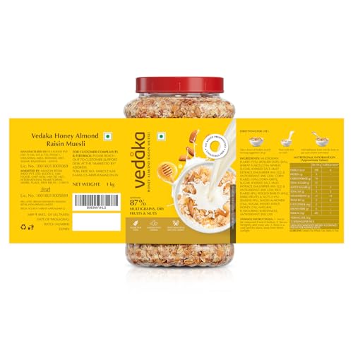 Image of Amazon Brand - Solimo Honey Almond Raisin Muesli 1 kg | Sweetened with Natural Honey | Sweetened with Natural Honey | Contains 87% of Dry Fruits, Nuts and Multigrains | Loaded with Raisins | Source of Fiber | No Added Preservatives