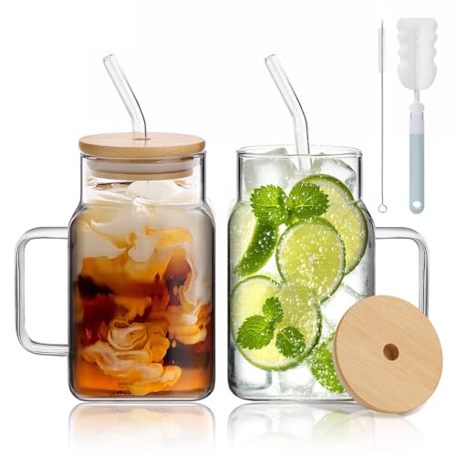 Anhow Juego de 2 Vasos de Cristal con Asa y Pajita, 600ML Tazas de Café de Cristal, Vasos de Cóctel Transparente, Taza de Jugo de Leche, para Té Helado, Leche, Latte, Macchiato, Bebidas Calientes