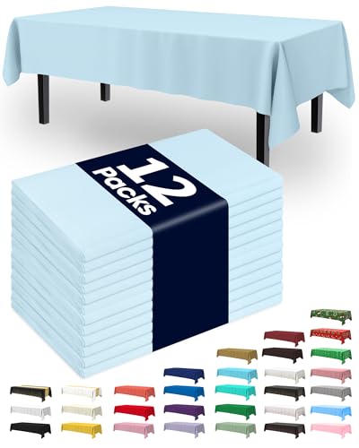 Pureegg Plastic Table Cloth Disposable 12 Pack 54 x 108 Inch Table Cloths Easter Party Picnic Wedding Decorative Tablecloths Rectangle Baby Blue Plastic Cover Leakproof & Sturdy Light Blue
