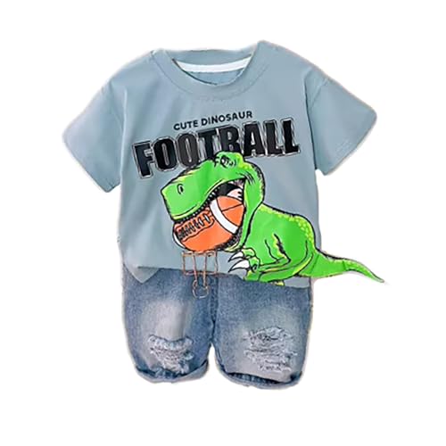 Image of Bold N Elegant Kids Dinosaur Football Cotton Half Sleeve T-Shirt with Denim Shorts Set for Infant Toddler Baby Boys Girls