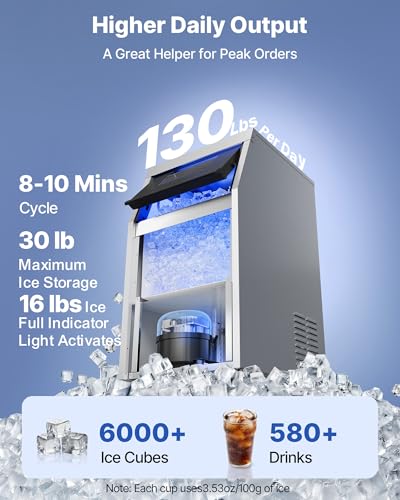 Image of VEVOR Commercial Ice Maker Machine, 130 lbs /24h with 16-30 lbs Storage Capacity, Built-in /Freestanding /Under Counter, Stainless Steel Ice Maker with LED Display & Self-Cleaning, Home Bar Restaurant