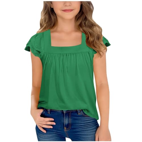 Dmmtot Camisas de cuello cuadrado para niñas, manga corta, verano, encaje, plisada, blusa tipo túnica, color liso, manga con volantes, camisetas de moda para niños, uso diario de 5 a 15 años, #01verde