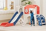 67i Indoor Toddler Slide with Drawing Board, Golf Set, Basketball Hoop - Kids Playground for 1-3 Year Olds, Non-Slip Steps & Storage Space (Red Blue)