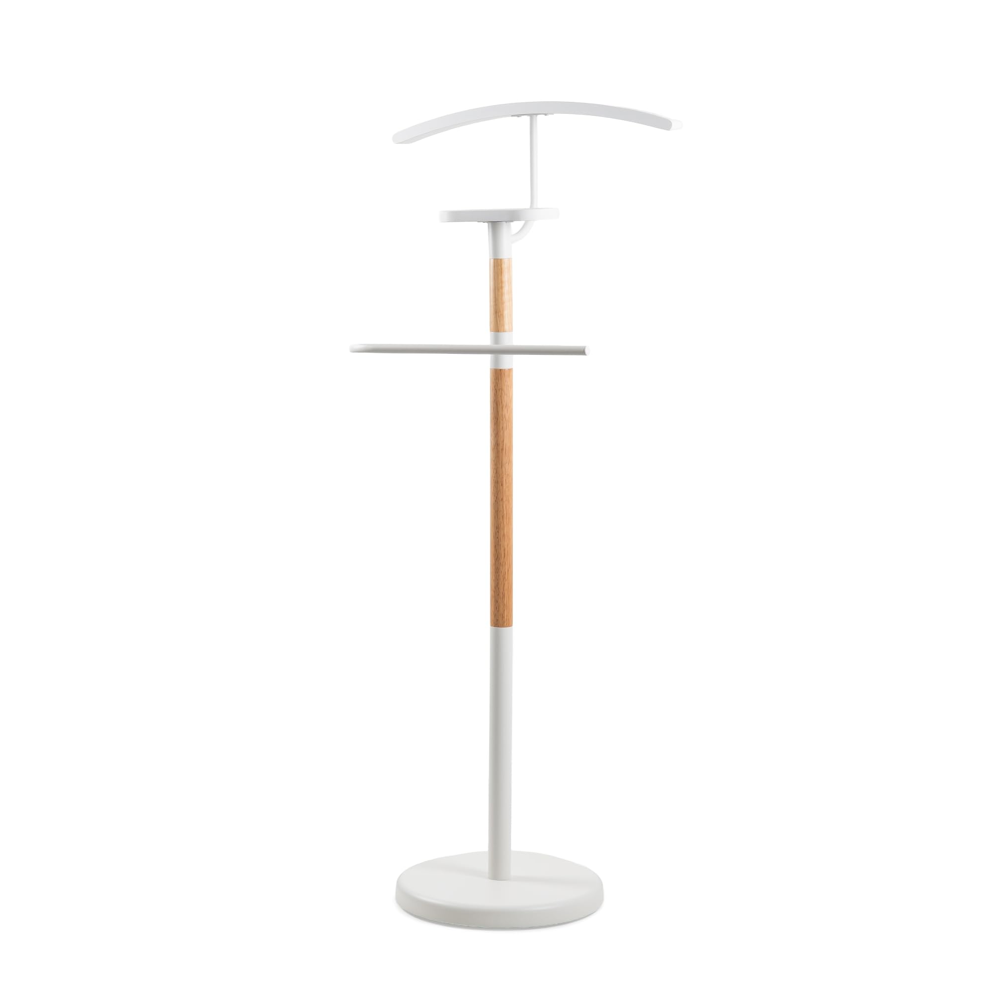 Servo Muto Mod. EIDE - Colore Bianco e Legno - Con Appendiabiti Superiore e Barra per Pantaloni - 47 x 29 x 111 cm - Acciaio e Legno - Appendiabiti per Camera da Letto