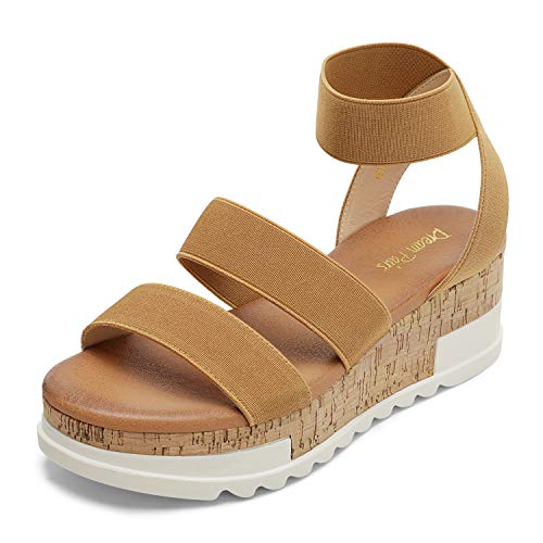 DREAM PAIRS Women's Open Toe Elastic Ankle Strap Casual Flatform Platform Wedges Sandals 6.5 Camel