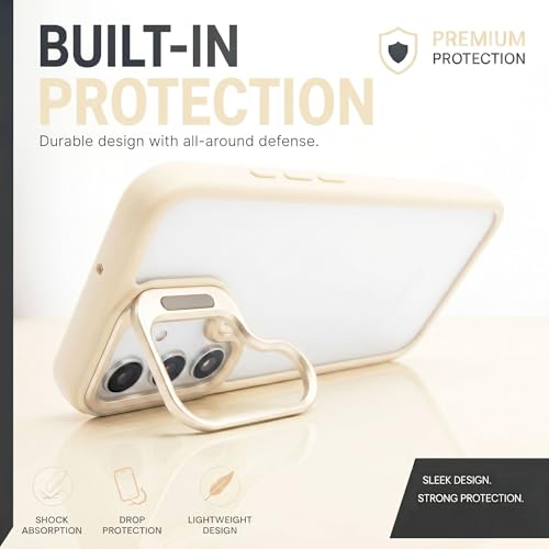 Image of amazon basics Frosted Matte Case for Samsung Galaxy S24 5G | Built-in Flip-Out Camera Lens Stand | Translucent Back with Contrast White Bumper | Shockproof Protective Cover with Foldable Kickstand
