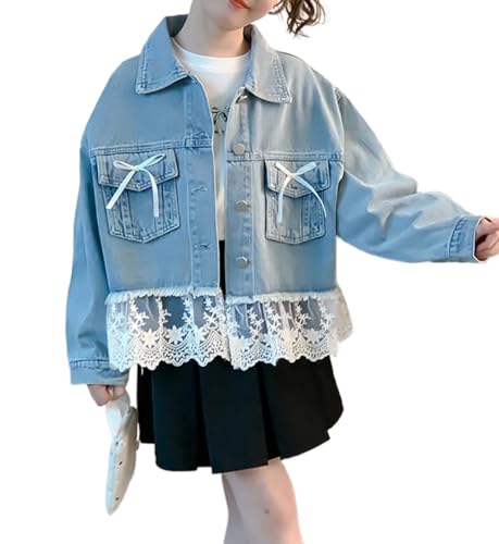ASHER FASHION Cute Lace Denim Jacket For Girls Long Sleeve Patchwork Jeans Jackets Casual Front Pockets with Bow Fall