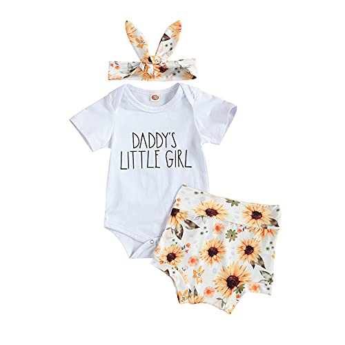 DSFG Baby Girls Summer Clothe Short Sleeve Ruffle Romper Bodysuit+Short Pants+Headband 3Pcs Shorts Set (White 2, 3-6 Months)
