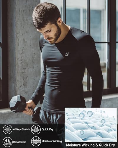 Roadbox Men's Compression Base Layer Shirt Long Sleeve, Quick Dry Performance Compression Top for Running Gym Workout Black - Image 5