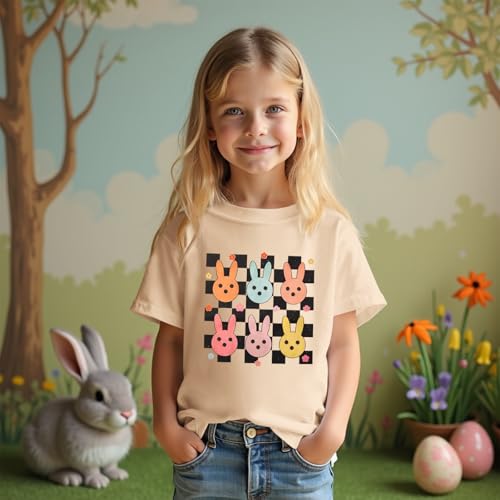 Image of CM C&M WODRO Kid Girl Easter T-Shirt Cute Bunny Flower Checkered Print Tees Summer Short Sleeve Shirt Tops 7-12 Years