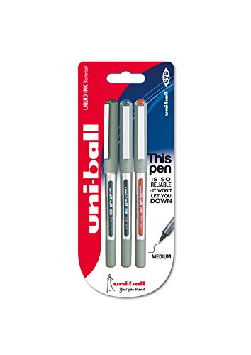 Image of Uni-ball 153529308 UB-157ye Fine Ballpoint Pen, Uni Super Ink, 0.7 mm Tip, Pack of 3, Black /Blue /Red