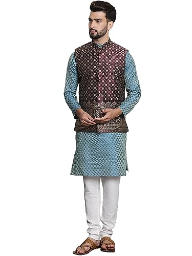 Image of SOJANYA (Since 1958 Men's Jacquard Silk Kurta and Pyjama with Nehru Jacket