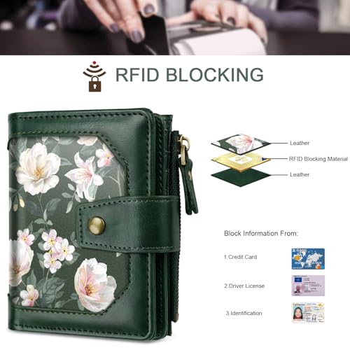 Image of Women Wallet Bifold RFID Blocking Small Credit Card Holder Leather Wallets Cards Case Ladies Purse with Zipper, Dark Green Flowers