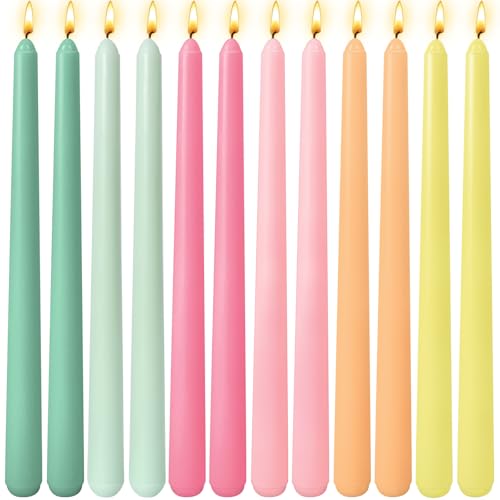 12 Pack 10 inch Dopamine-Color Taper Candle Set for Holiday Dinner Party Unscented Long Candlesticks Dripless and Smokeless 7-8 Hours Burn