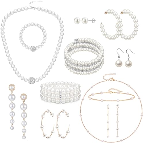 18 Pcs Pearl Jewelry Set - Women's 1920s Style Simulated Pearl Earrings, Necklace and Bracelet Gift Set
