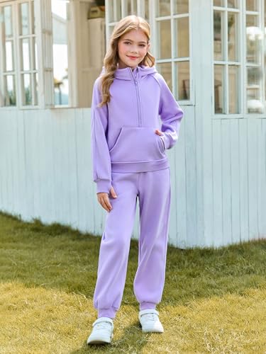 Girls 2 Piece Outfits Sweatsuit Kids Fleece Half Zip Hoodies Sweatshirt and Sweatpants Set with Pockets2