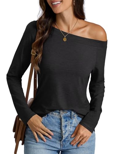 Womens Off Shoulder Tops Long Sleeve Shirts Sexy Tops Casual Loose Fit Tee Going Out Fashion Clothes 2025