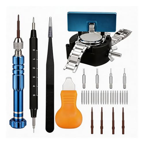 MARVLLGGOSO Watch Battery Replacement Tool Kit with Spring Bars 5-in-1 Precision Screwdriver Adjustable Back Case Opener Holder Pry Tool Spring Bar Tool with Scale Tweezer Watch Repair Kit for Watch Back Removal and Band Replacement
