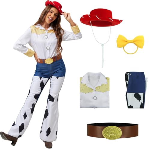 AYYOHON Jessie Kostüm Damen Cowgirl Cosplay Jessie Hut Hemd Jeans Gürtel Schleife Set Kuh Print Hose Halloween Outfits XL