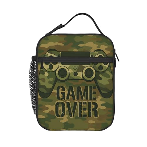 PrelerDIY Camo Game Over Lunch Box - Insulated Lunch Bags for Boys/Girls/Women/Men Detachable Handle Lunchbox Meal Tote Bag