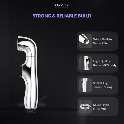 Image of Orvos Health Faucet, Swivel, ABS Outer Body with Brass Pin Inside, Chrome Color, with 1 to 1.2 Meter Extendable SS 304 Shower Hose and Wall Hook, 360 Degree Rotatable Top
