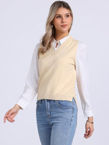Image of Allegra K Women's V Neck Sweater Vest Knit Pullover Sleeveless Sweater Top | v neck, sleeveless, solid color, high low hem, basic pullover sweater vest, knit fabric, spring casual top