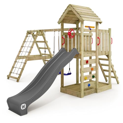 WICKEY Spielturm Klettergerüst RocketFlyer mit Schaukel & Rutsche, Outdoor Kinder Kletterturm mit Sandkasten, Leiter & Spiel-Zubehör für den Garten (Anthrazit)