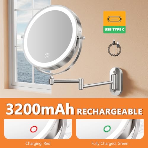 Auxmir Lighted Wall Mounted 30X Magnifying Makeup Mirror, 8" Double-sided 360° Swivel Shaving Mirror with Extendable Arm, 3200mAh Rechargeable Dimmable Mirrors with Tweezer for Bathroom and Hotel - Image 2