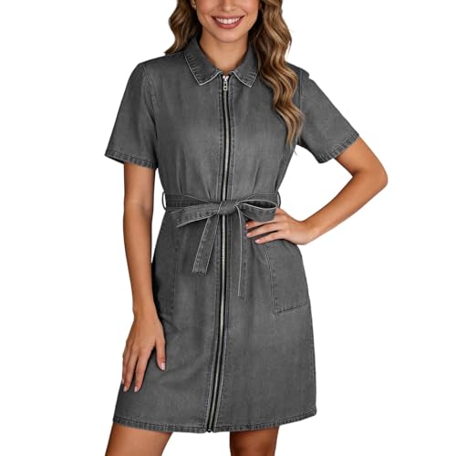 Robe-chemise en jean femme manches courtes et coupe ajustée