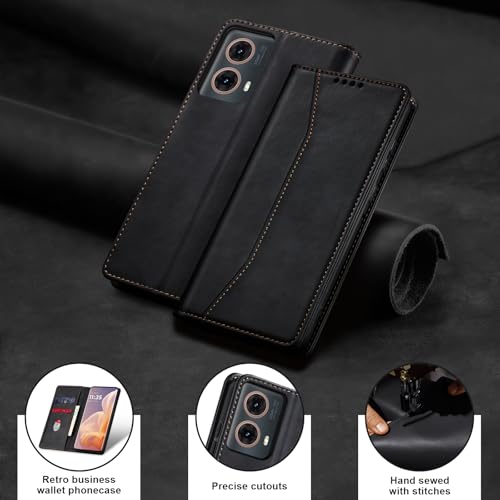 Image of Jasonyu Flip Case for Motorola Moto G85 PU Leather Flip Wallet Cover Stand Function Magnetic Card Slot TPU Bumper Case (Black)