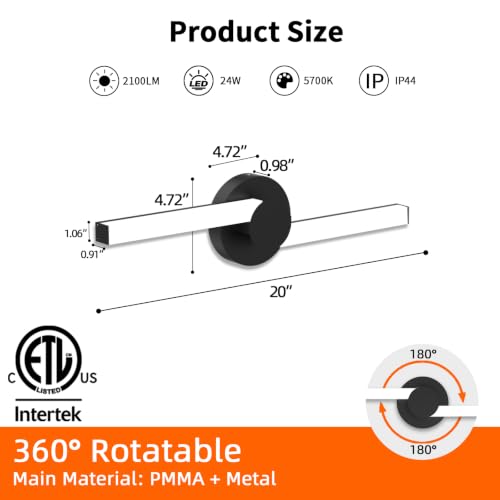 NOVELUX Bathroom Lighting Fixtures Over Mirror 20 Inch 360° Rotatable LED Bathroom Vanity Light, Modern Black 5700K 2100LM 24W IP44 Waterproof, Dimmable Vanity Light Bar, ETL Listed(1 Pack) by NOVELUX - Used condition - Image 5