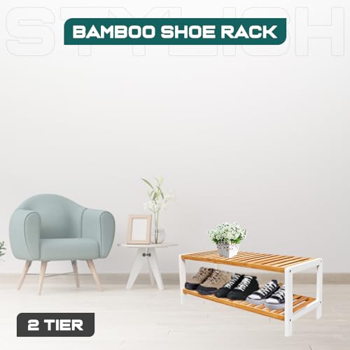 Image of 1ABOVE Bamboo Shoe Rack, Plant Rack, Perfect for Corridor, Living Room, Bathroom, Bedroom,Hallway or small spaces (Natural & White)