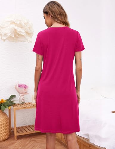 Image of Ekouaer Women's Nightshirt Short Sleeve Button Down Nightgown V-Neck Sleepwear Pajama Dress