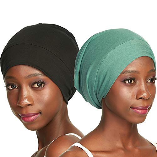 Silk Satin Lined Sleeping Cap for Curly Hair Locs Women,Outer-Soft Cotton Durable Elasticity Available Day and Night, Black Plus Green, One size