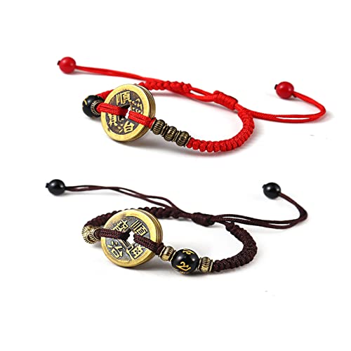 2Pcs Lucky Braide Red String Feng Shui Copper Coin Bracelet Bangle Handmade Adjustable Attract Money Wealth Bracelet for Women Men Friend Good Luck Protection Amulet Jewelry