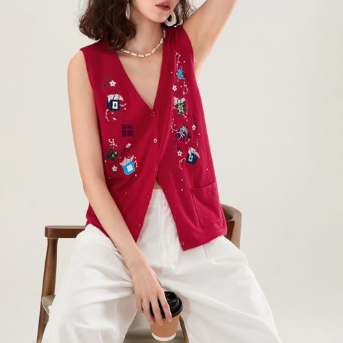 Image of Women Christmas Knit Vest Top Santa Embroidery Sleeveless Button Down Sweater Vest Xmas Snowman Cardigans Tank Top