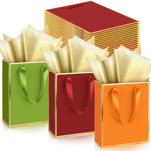 Image of Yeaqee 24 Pack Metallic Paper Gift Bag with Tissue, Fall Color, Gold | with Satin Ribbon Handle and Tissue, 9x7x3.1 Inch, Suit Business, Birthday, Christmas, Thank You Return Gifts Bags