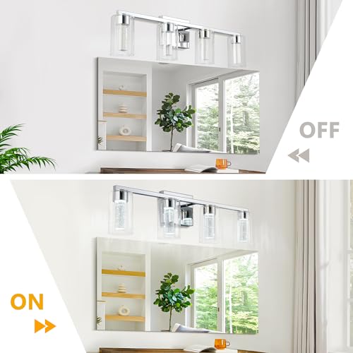 Image of Bathroom Vanity Light Fixture, 4 Lights Wall Lights for Mirror, Modern Wall Vanity Light with Clear Glass Shade, LED 6000K Dimmable, Chrome, 20W, Lenght 27 Inch